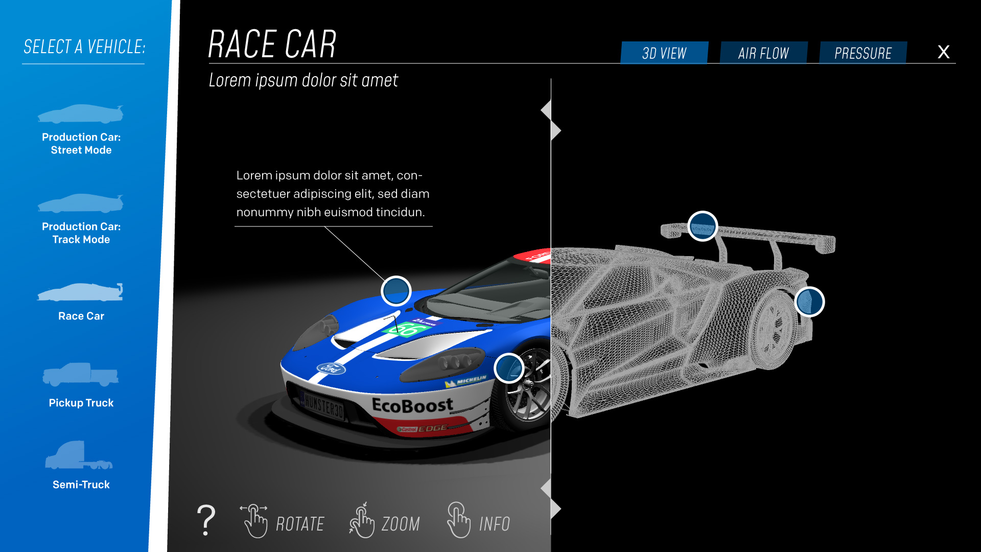 A design interactive reveals key features, inside and out, that propel race cars to victory.