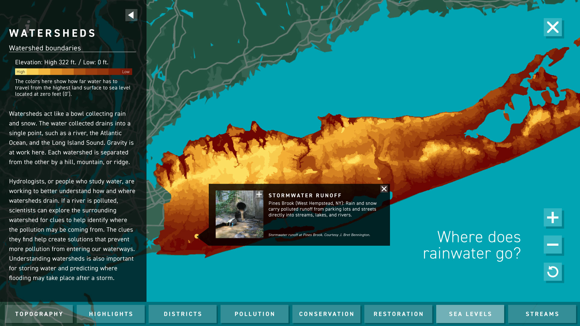 A digital interactive pinpoints key locations in the regional environment, mapping natural features, pollution sites and conservation efforts.