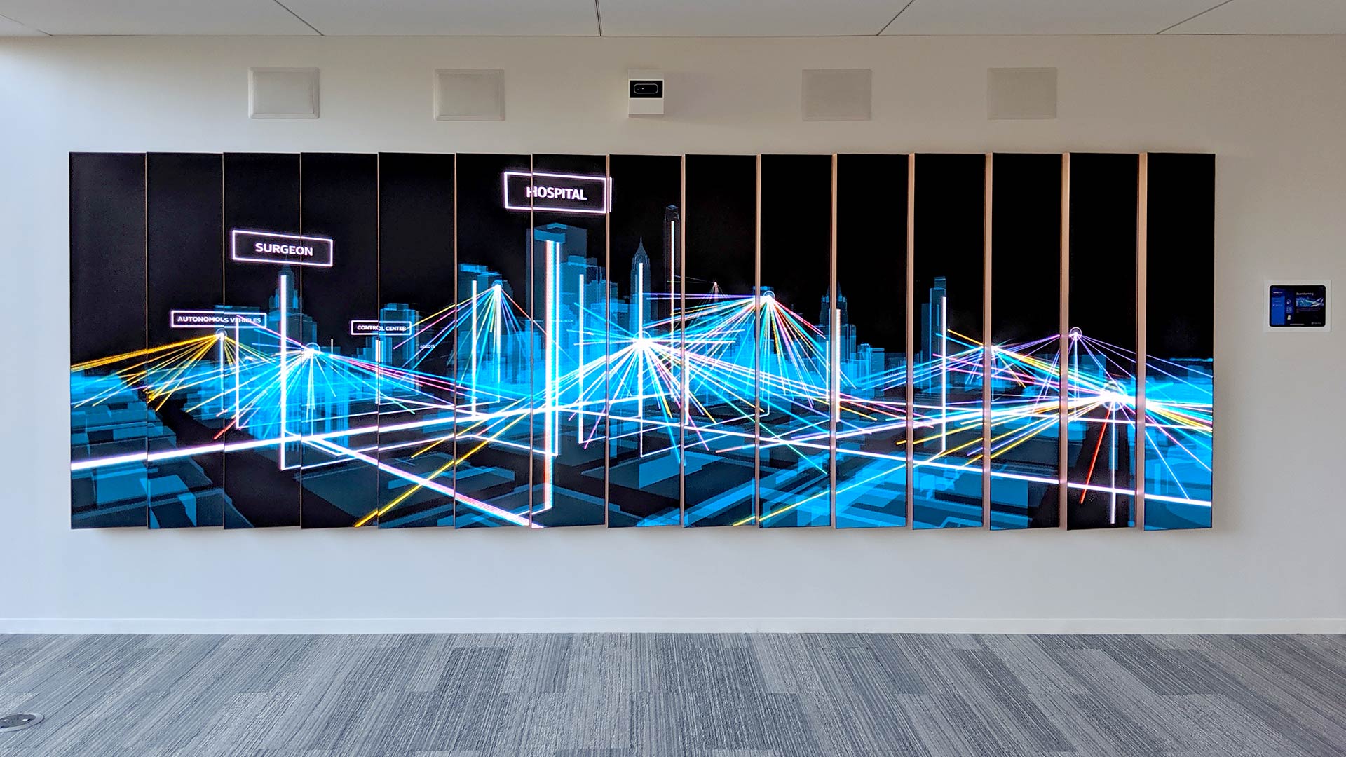 The Future City module illustrates network data, tracking visitors' motions and visually connecting them to the abstracted urban infrastructure.